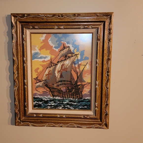 BEAUTIFUL ANTIQUE FRENCH CROSS TAPESTRY SHIP  ON SEA 23X26 - Picture 4 of 8